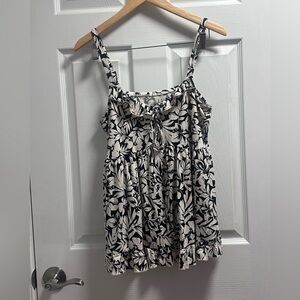 Floral Tie-Front Spaghetti Strap tank top - Black & Cream